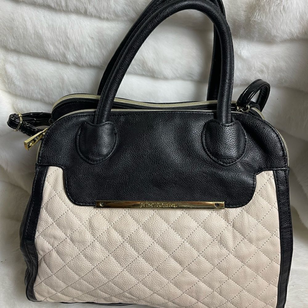Betsey Johnson Beige and black faux leather Satchel with triple compartm…
